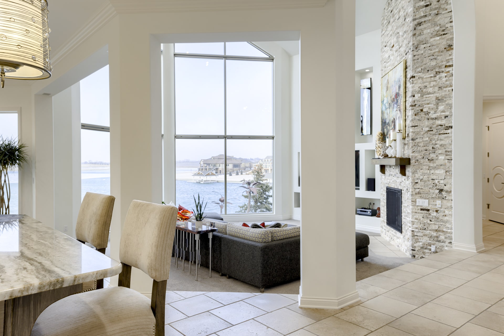 Luxury interior with stone fireplace